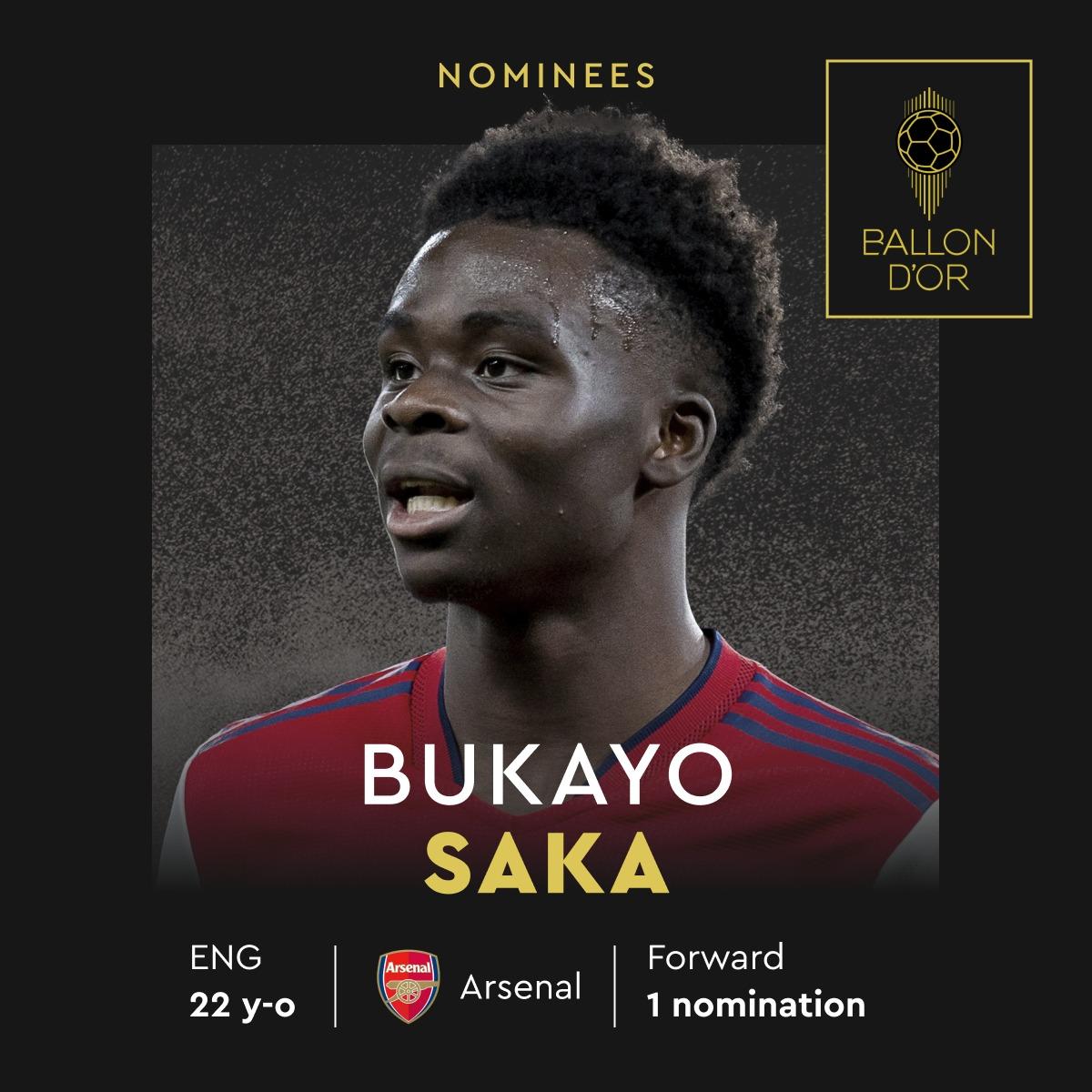 金球獎2023|布卡約沙卡(阿仙奴、英格蘭)列入圍名單。(France Football FB)