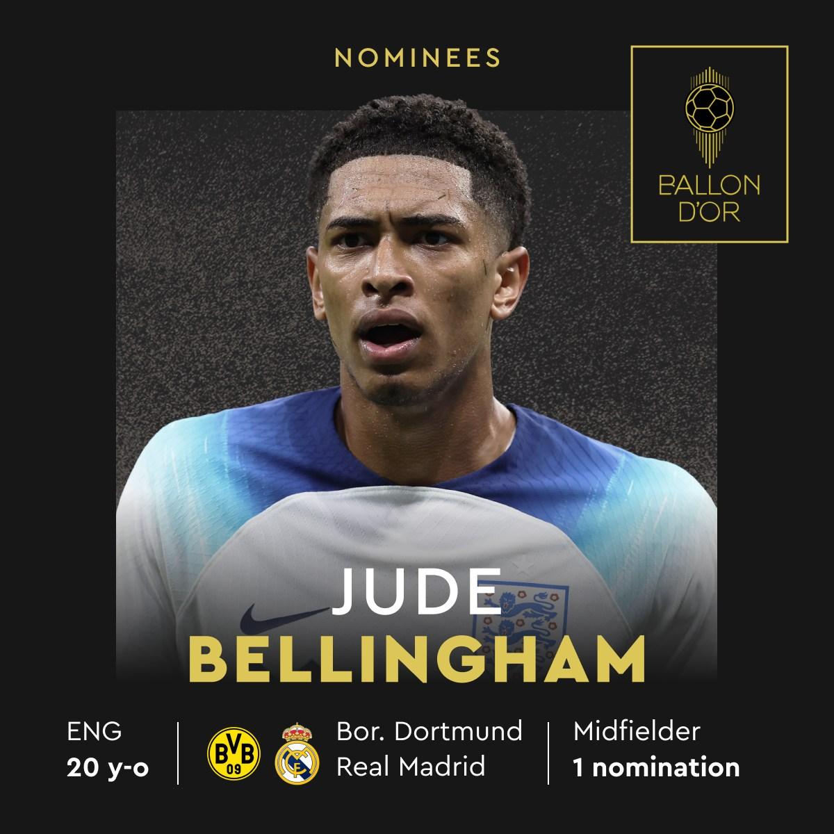 金球獎2023|祖迪比寧咸(皇家馬德里、英格蘭)列入圍名單。(France Football FB)