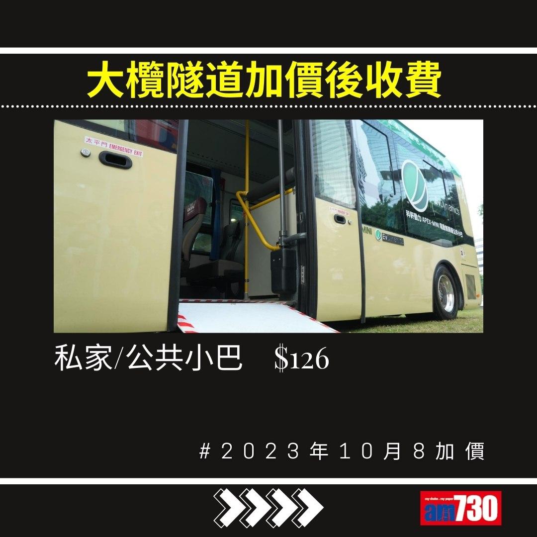 大欖隧道加價,2023年10月8日起電單車、私家車、的士等收費(am730製圖)