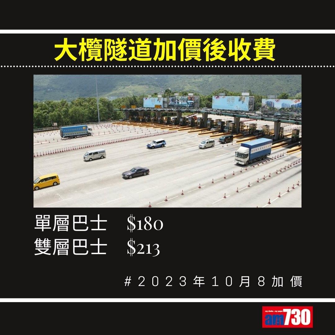大欖隧道加價,2023年10月8日起電單車、私家車、的士等收費(am730製圖)