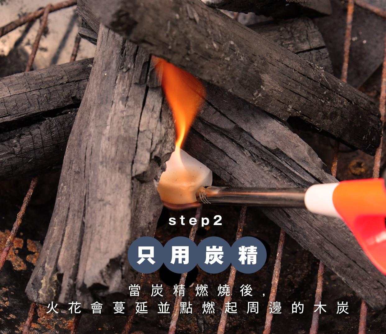 BBQ透爐方法2|只用炭精,當炭精燃燒後,火花會蔓延並點燃起周邊的木炭。