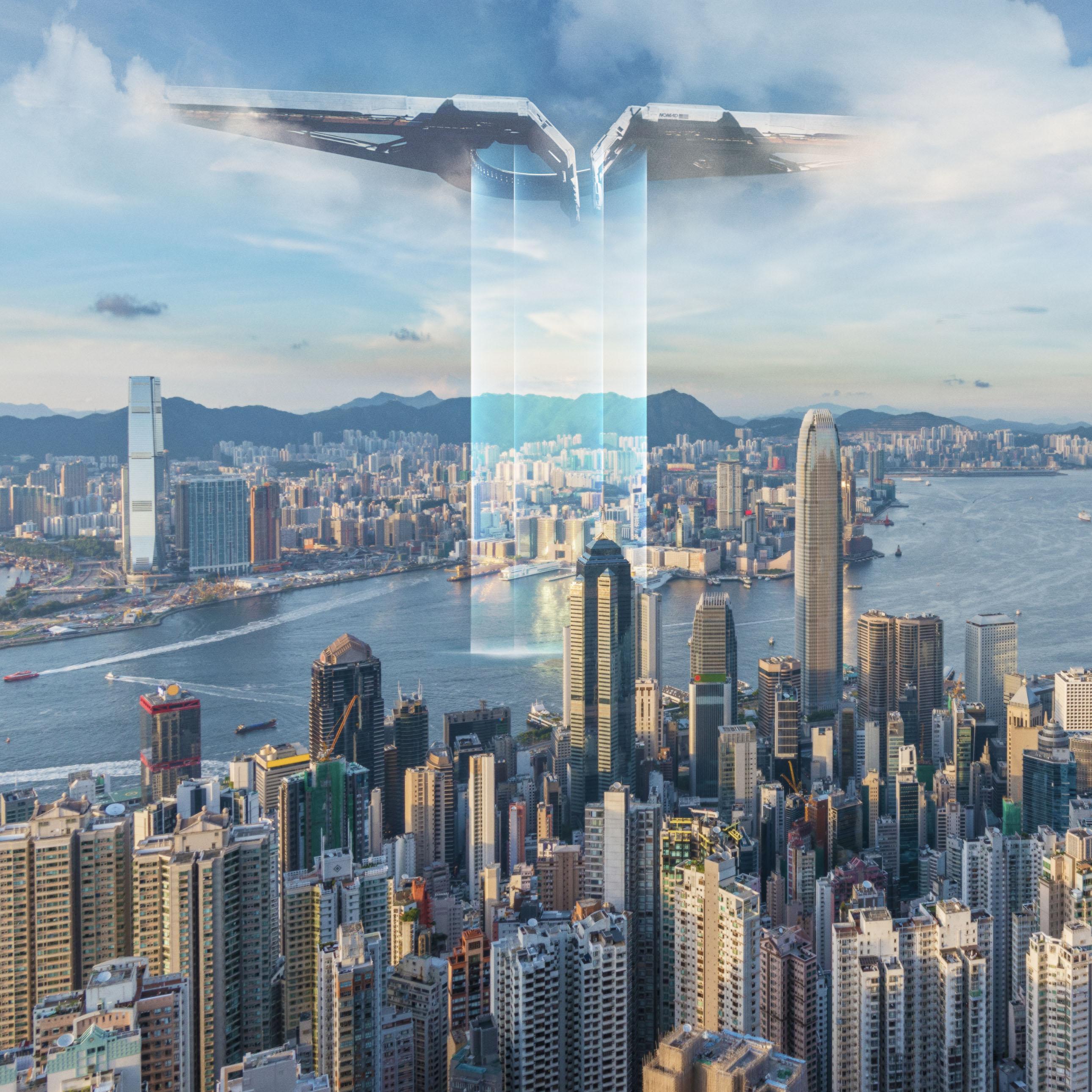 巨型激光飛船掠過維港兩岸。