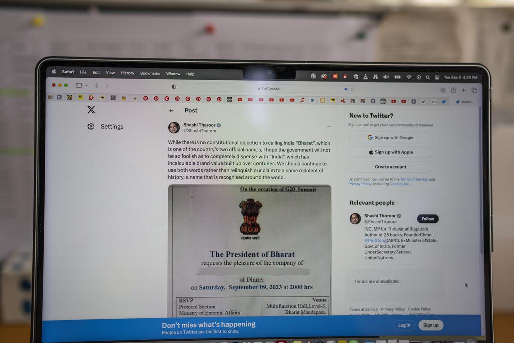 G20晚宴請帖把「印度總統」寫成「巴拉特總統」。(美聯社)