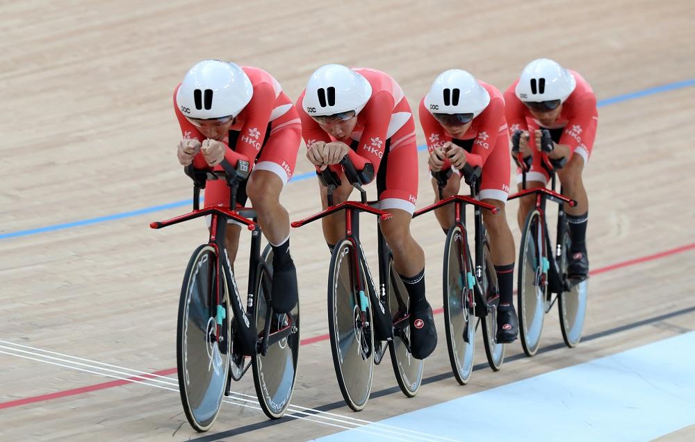 香港隊出戰場地單車男子團體追逐賽。(港協暨奧委會圖片)