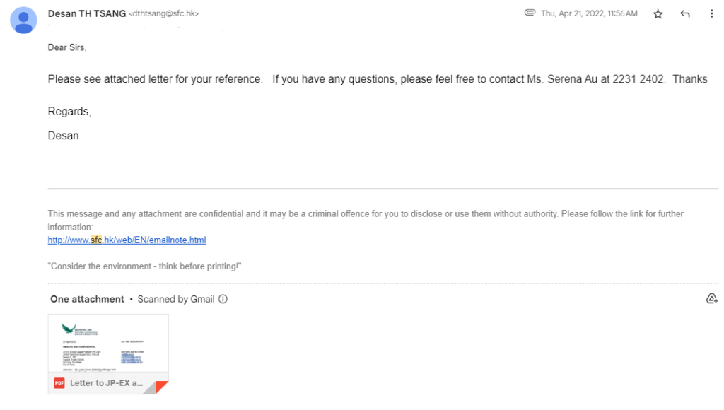 JPEX聲明中公開與證監會的電郵聯絡紀錄。(JPEX)