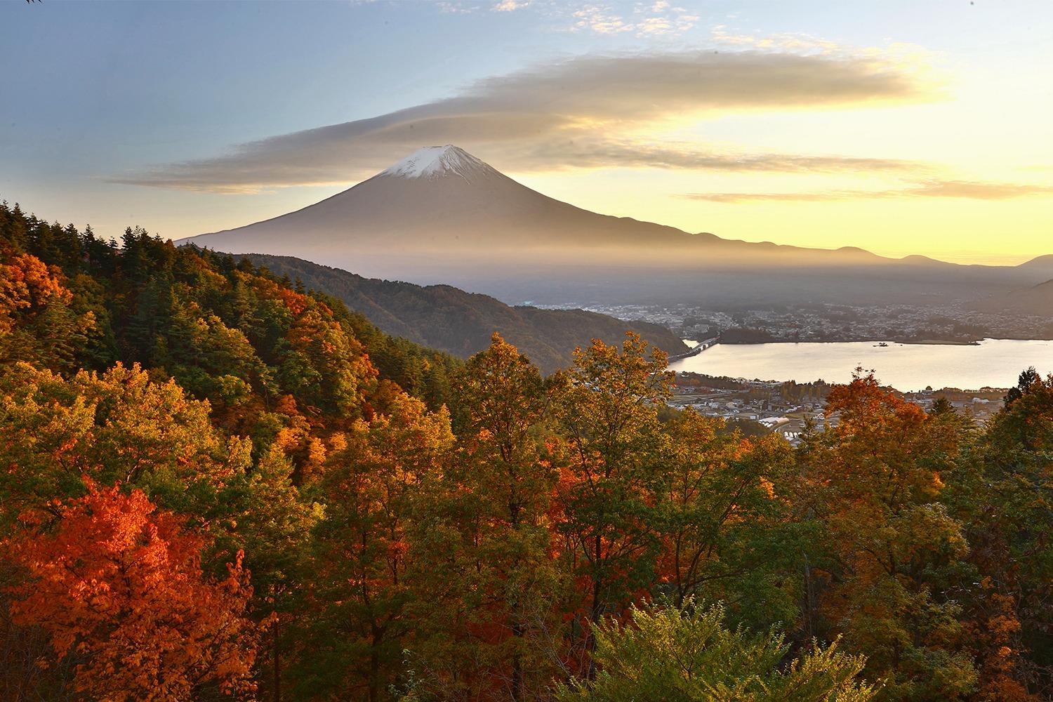 東京自由行2023 |營地佔盡地利,無遮擋地俯瞰河口湖與富士山一帶漫山紅葉的美景。( 圖片來源:PRTIMES)