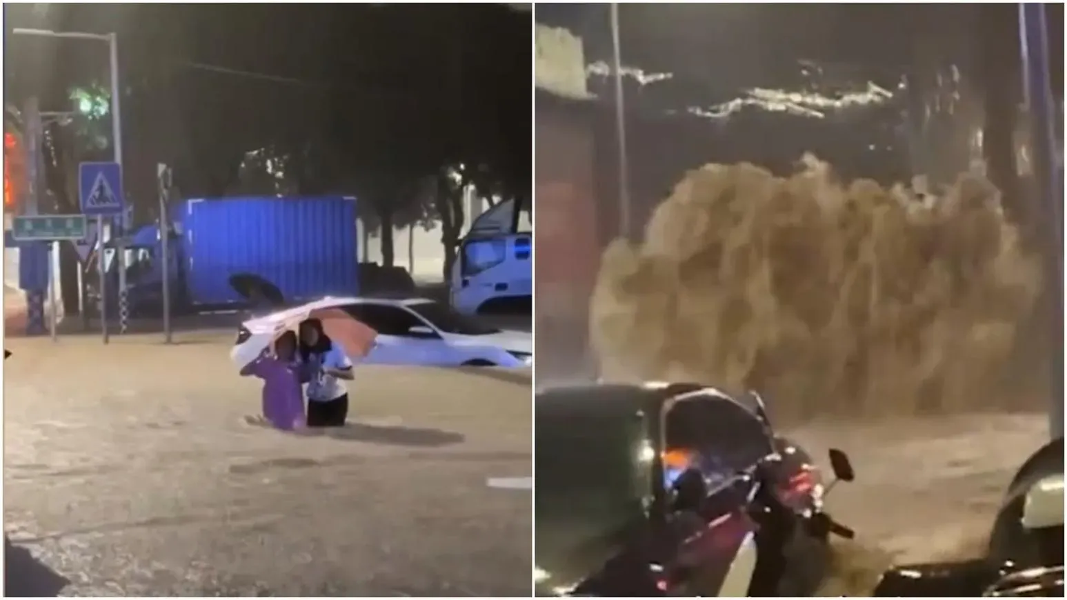 地下水道倒灌如噴泉,民眾得淌水攙扶前行。(圖/翻攝微博)