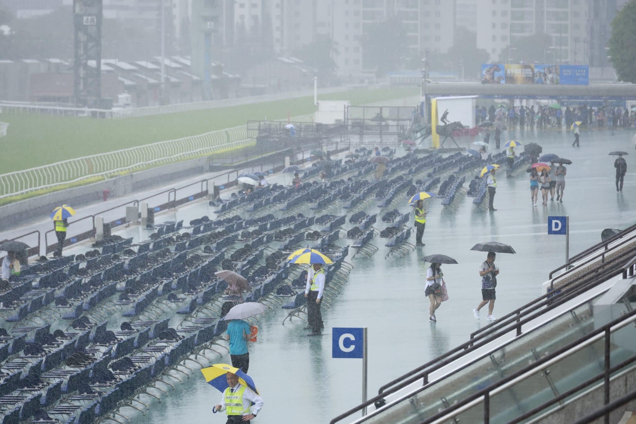 黃雨下多數馬迷選擇在室內大堂觀賽。(林俊源攝)