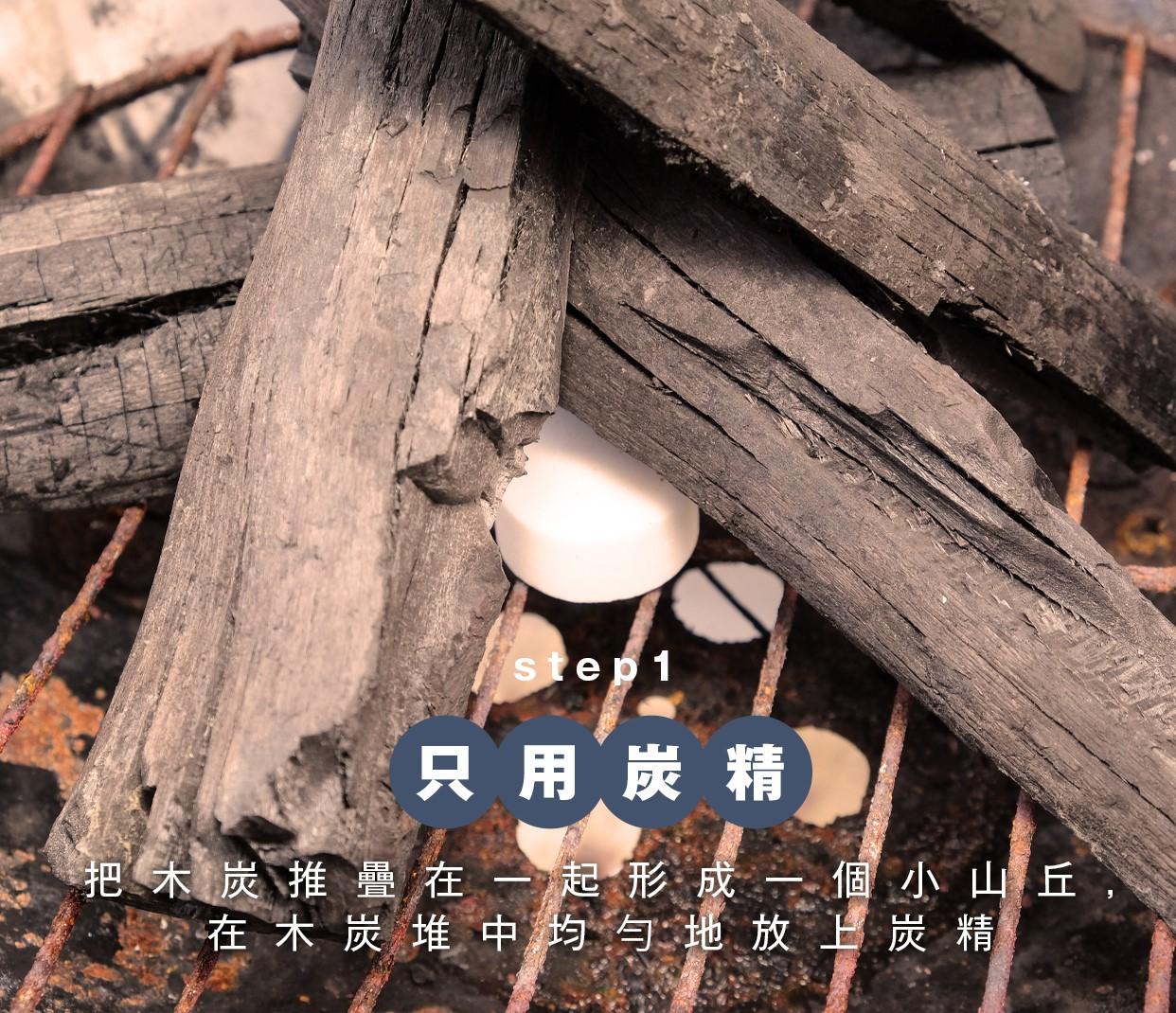 BBQ透爐方法2|只用炭精,用打火機或火柴點燃炭精,確保它們徹底被點燃。