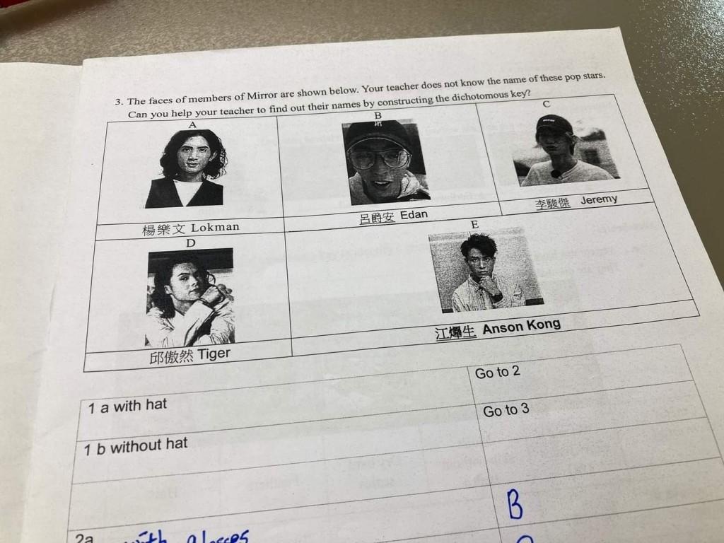 老師列出MIRROR嘅五名成員Anson Kong江𤒹生、Edan呂爵安、Jeremy李駿傑、Lokman楊樂文及Tiger邱傲然照片