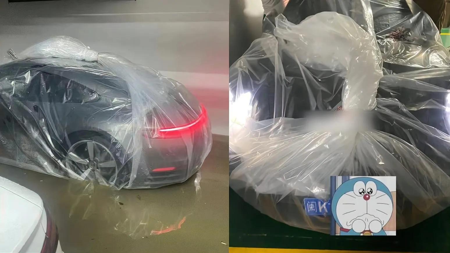 超狂車主將車裝入巨型塑膠袋防颱。(圖/翻攝瀟湘晨報)