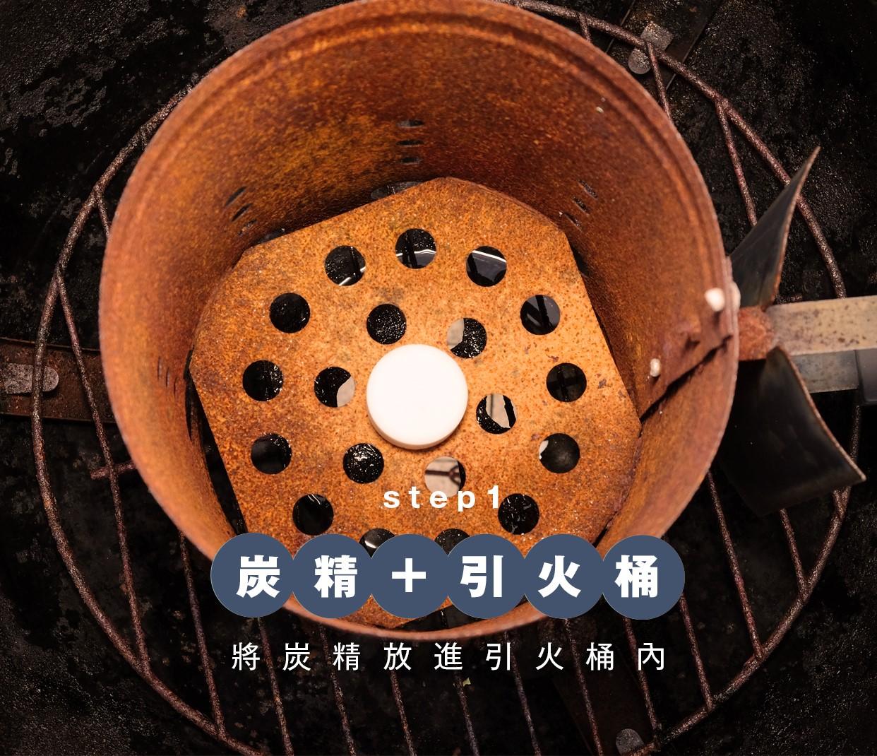 BBQ透爐方法1|用炭精及引火桶,首先將炭精放進引火桶內