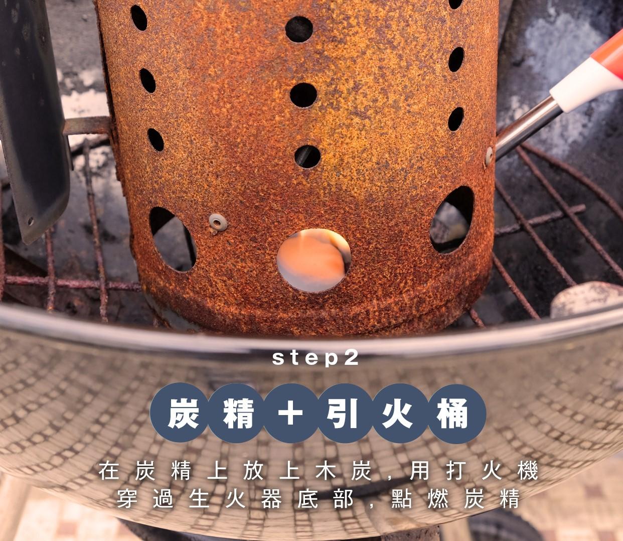 BBQ透爐方法1|用炭精及引火桶,在炭精上放上木炭,注意要保留足夠空間讓空氣通過,因為引火桶的原理是透過產生一道向上的氣流,從底部抽取新鮮的氧氣使木炭燃燒。