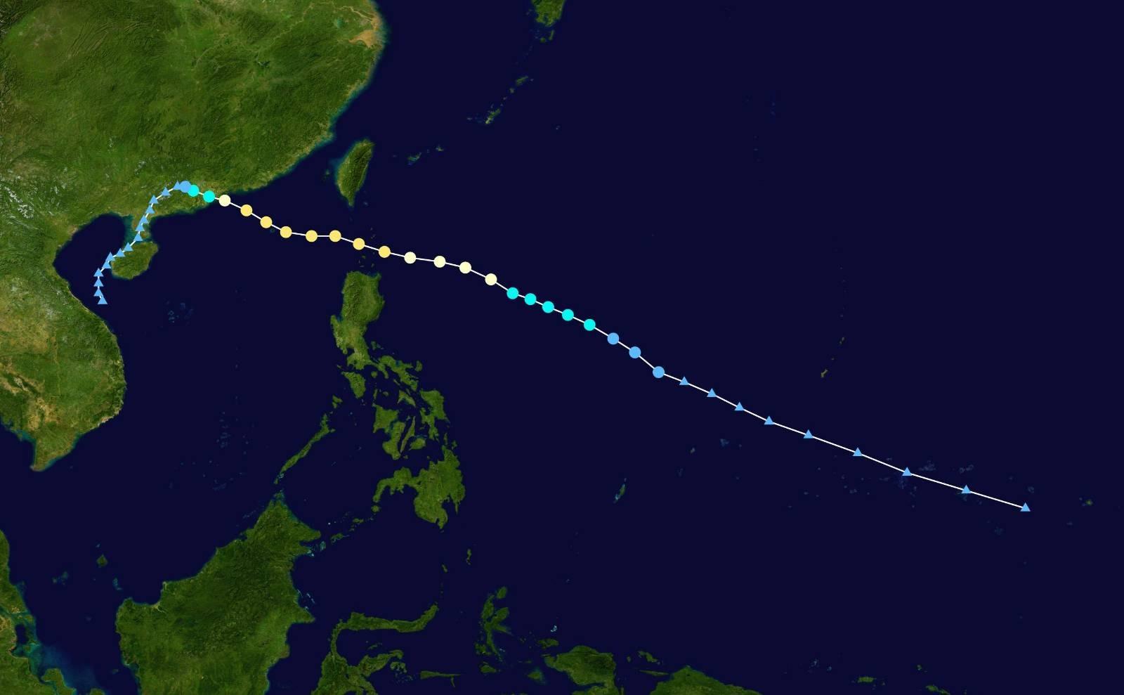 1962年溫黛路徑圖,一路由太平洋向西北偏西移動,穿過菲律賓呂宋海峽吹襲香港。