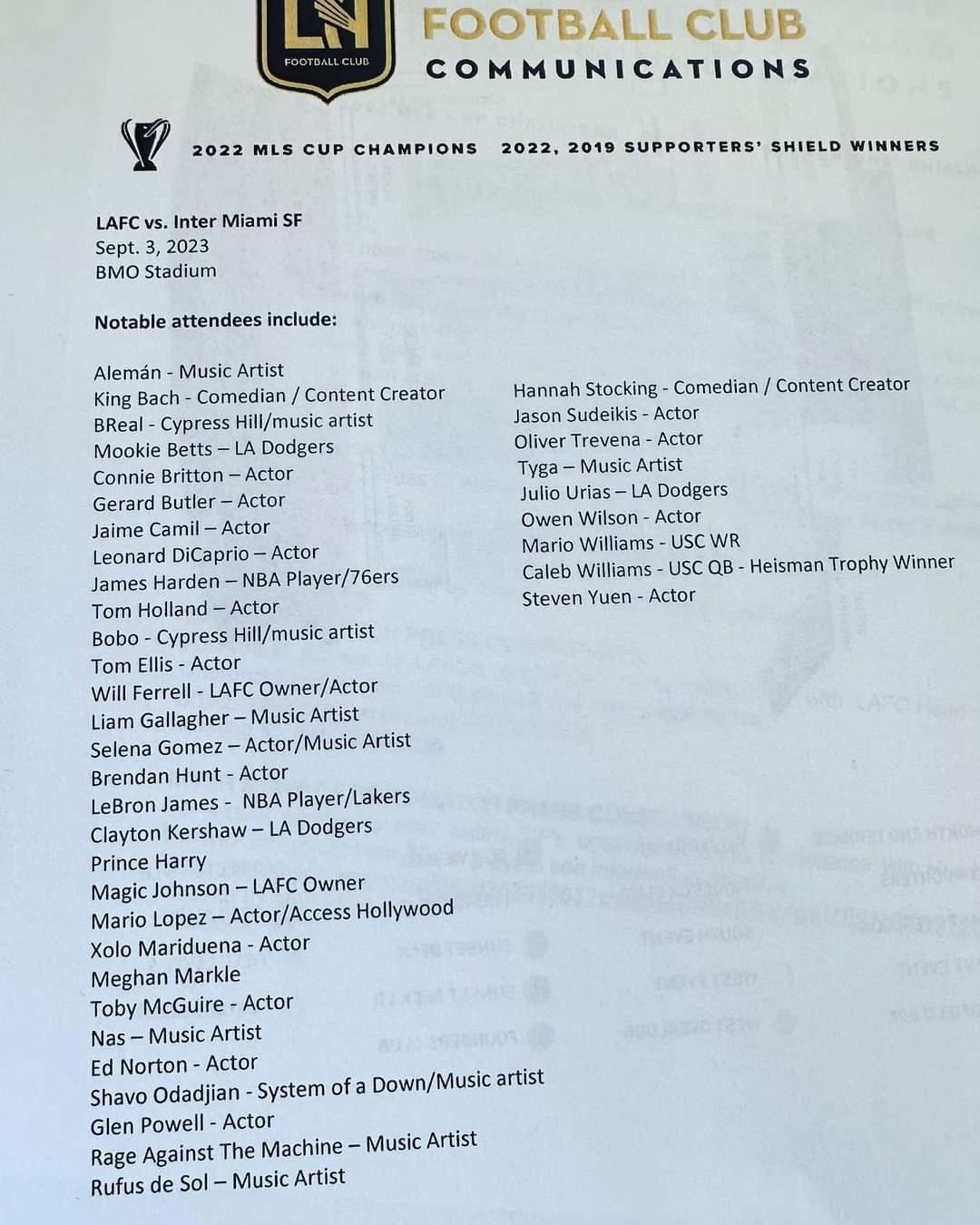 美斯為國際邁阿密上陣,勒邦占士及里安納度狄卡比奧(Leonardo DiCaprio)、小天后Selena Gomez、亨利王子(Prince Harry)都成為VIP。