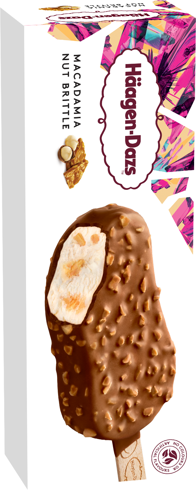 夏威夷果仁脆糖脆皮雪糕批 裹上太妃糖漿的夏威夷果仁粒 與香濃幼滑的呍呢嗱雪糕完美結合, 再加上包含夏威夷果仁碎粒的朱古力脆皮外層, 每一口,都是堅果們的冬日歡聚慶典!
