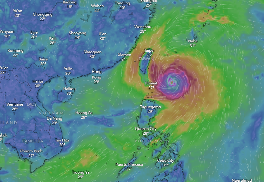 颱風小犬|Windy周二預計路徑。(Windy截圖)