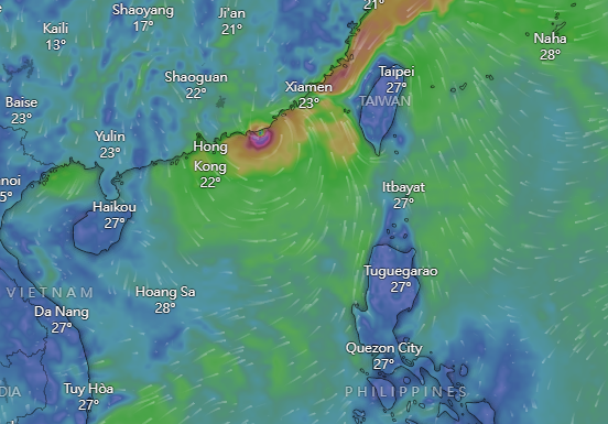 颱風小犬|Windy周六預計路徑。(Windy截圖)