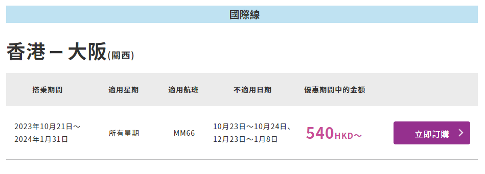 樂桃航空推出76小時限定優惠,香港飛大阪單程$540起。