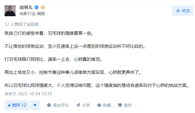 網民指羽毛球強度比網球高。(知乎截圖)