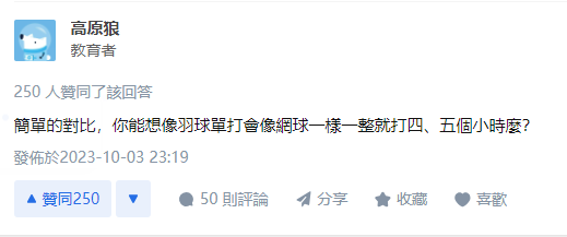 網民指羽毛球難以打4至5小時。(知乎截圖)