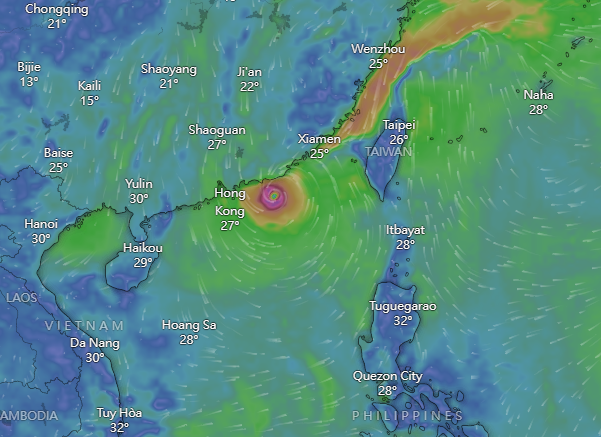 颱風小犬|Windy周六預計路徑。(Windy截圖)