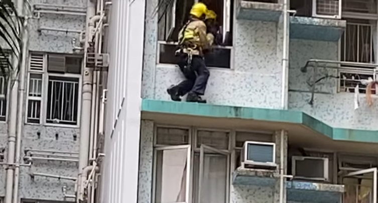 筲箕灣百厭柴犬危站4樓簷篷獲救(筲箕灣西灣河關注組fb)