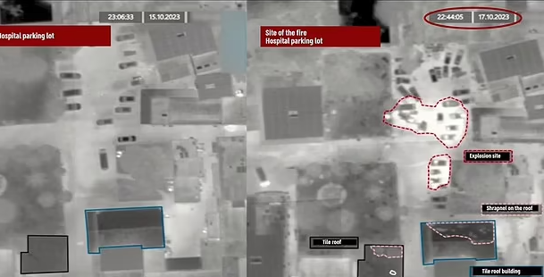 以軍聲稱,衛星圖片顯示醫院附近建築物屋頂有大量火箭碎片,顯示火箭曾在半空爆炸。(互聯網)