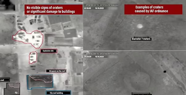 以軍對比醫院衛星圖(左)及過往以軍空襲現場的衛星圖,指醫院並無出現巨坑,附近建築物亦無受損;跟以軍空襲過後地面會有巨坑不同。(互聯網)