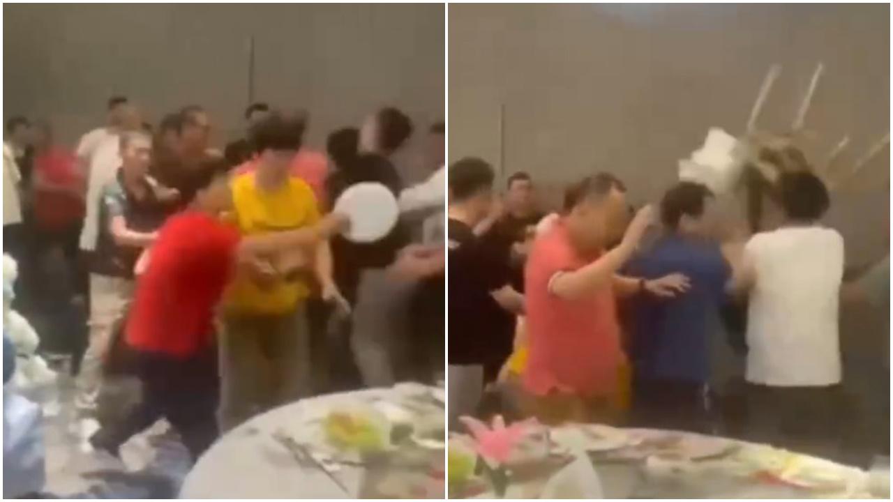 有人拿起枱上的菜餚亂擲,還有人擸凳互掟,甚至將碗碟當武器,場面一片混亂。(微博)