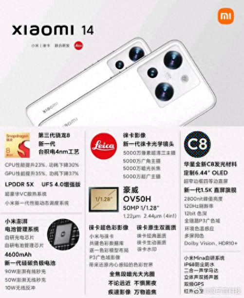 小米 Xiaomi 14疑似規格配置(浪子言科技微博)