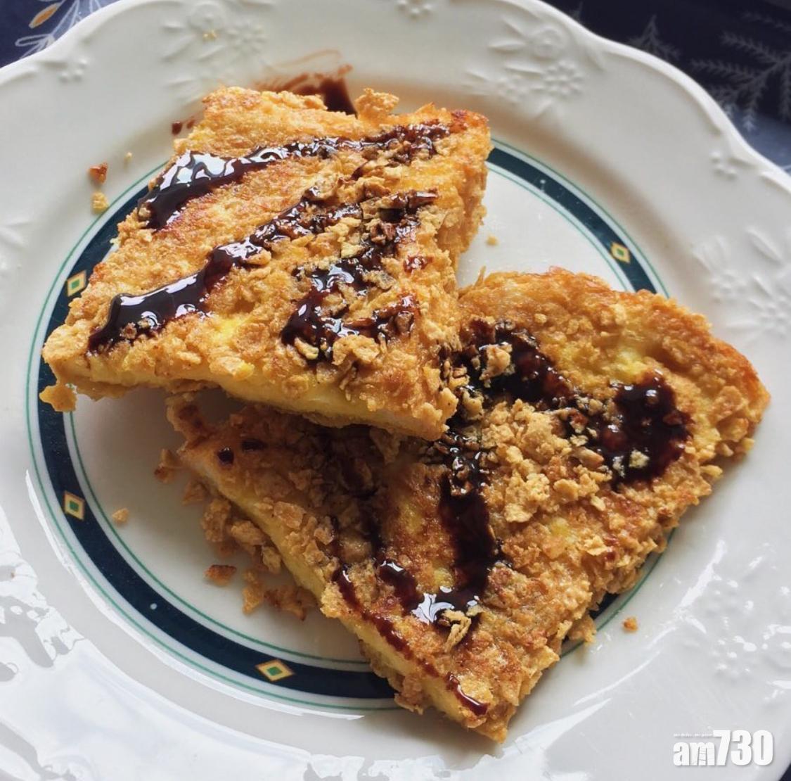 麵包食譜|粟米片多士可以在成品上加上朱古力醬、果醬等醬料一同食用。(instagram@gf._.food)