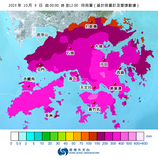 10月9日由午夜至正午12時的雨量分布。(天文台網圖)
