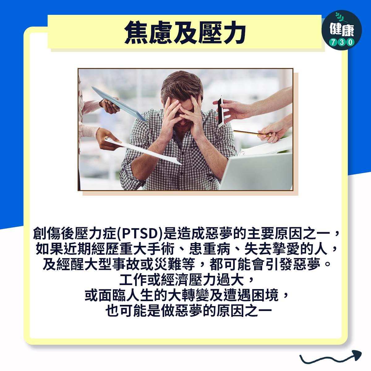 發惡夢原因|壓力大、藥物或高脂食物都可能是原因(am730製圖)