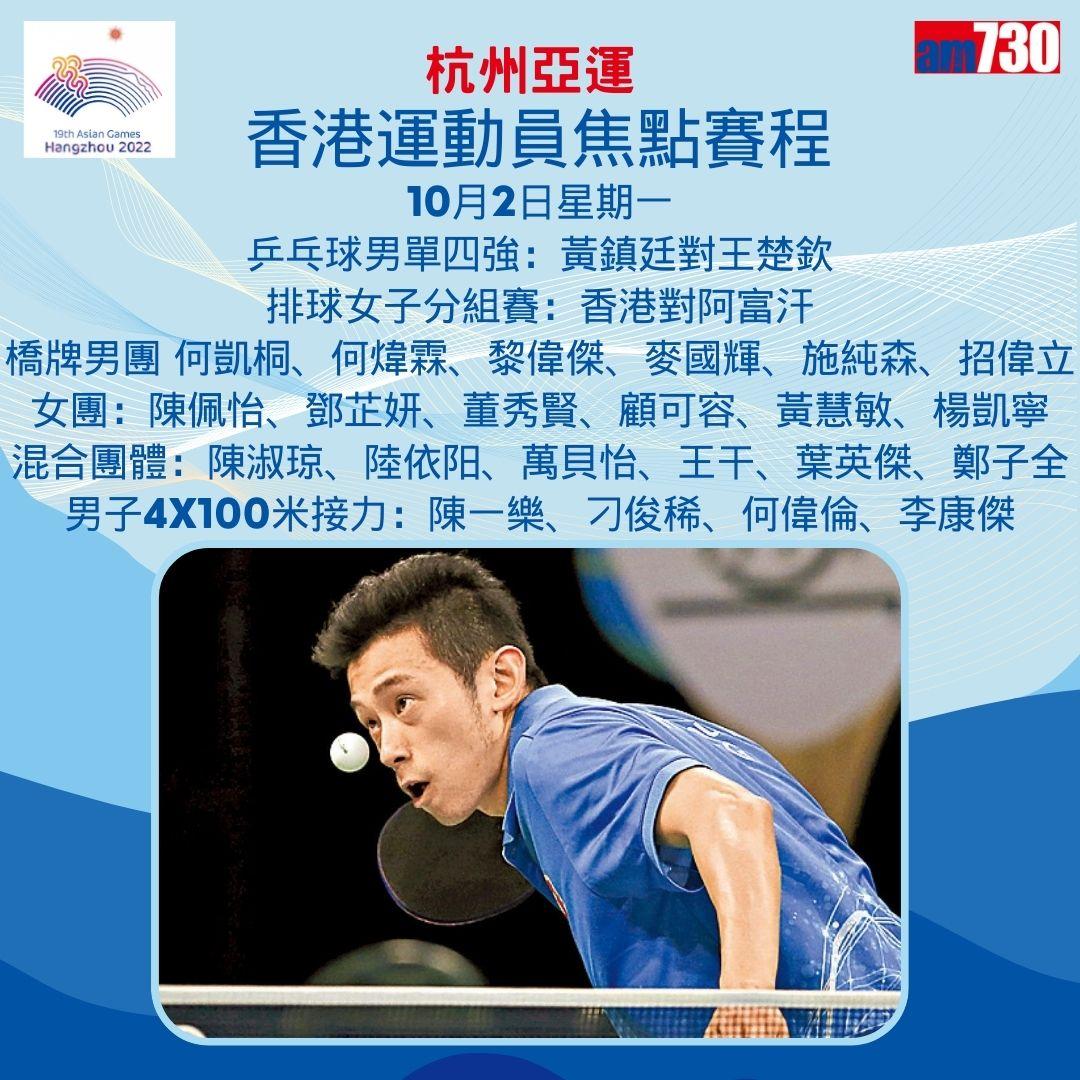 杭州亞運|香港隊焦點賽程,持續更新(am730製圖)