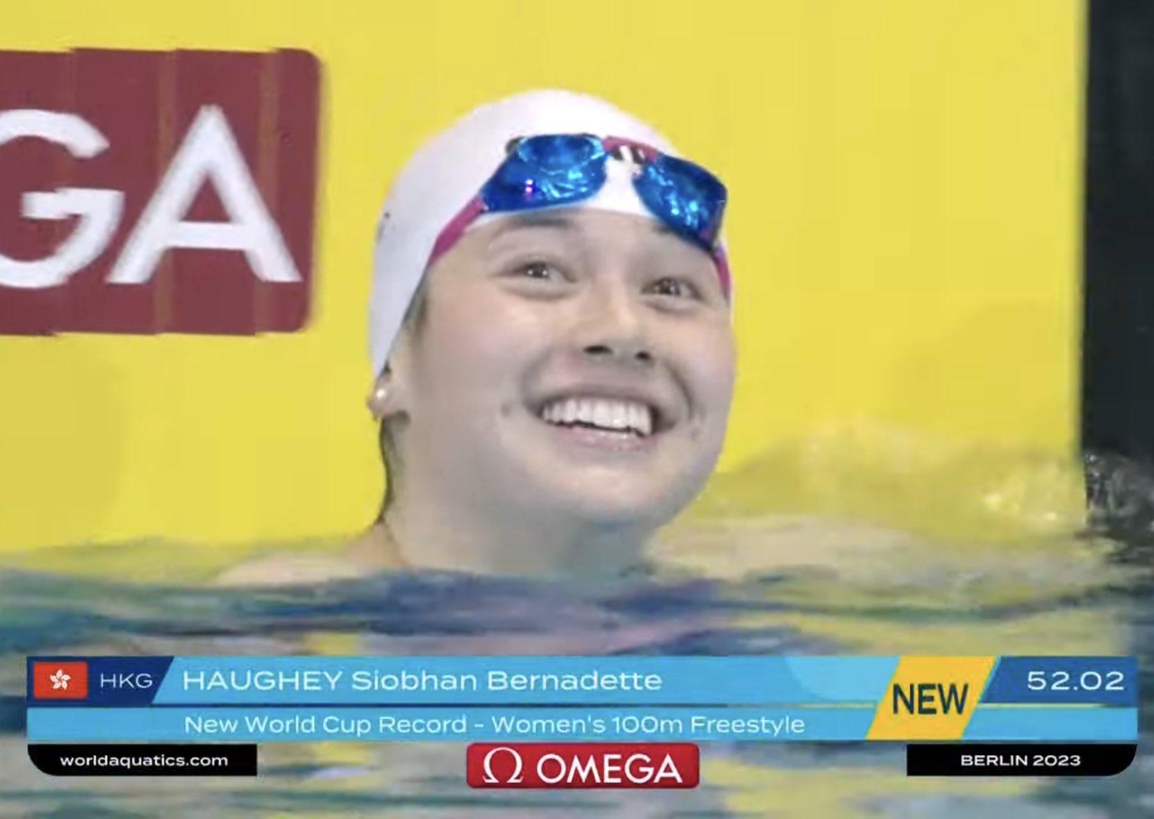 何詩蓓100自游出世界泳史第3快封后,柏林站站掃2金1銅。(網上圖片)