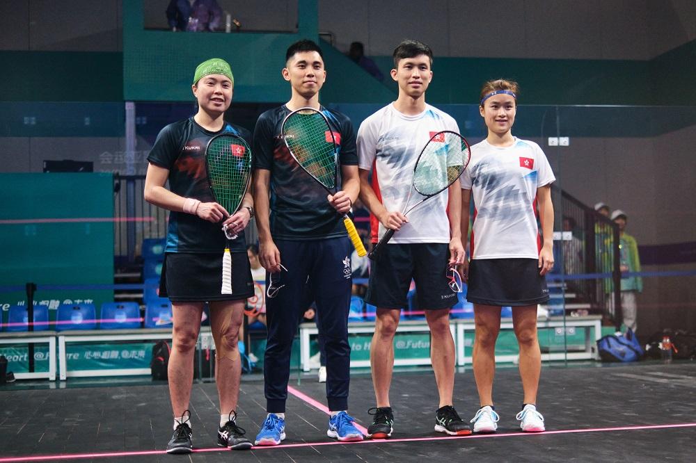 香港壁球混雙組合湯芷穎與鄧銘漮在八強對隊友李嘉兒及黃祉謙。(港協暨奧委會圖片)
