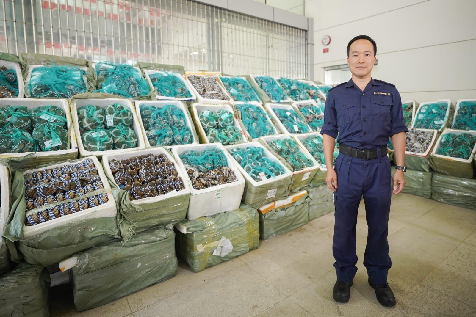 海關在行動中檢獲4.8萬隻走私大閘蟹。(李睿哲攝)