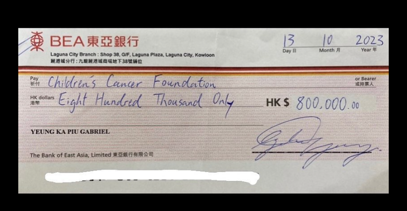 楊嘉驃已經捐贈80萬元予香港兒童癌病基金。(楊嘉驃fb圖片)