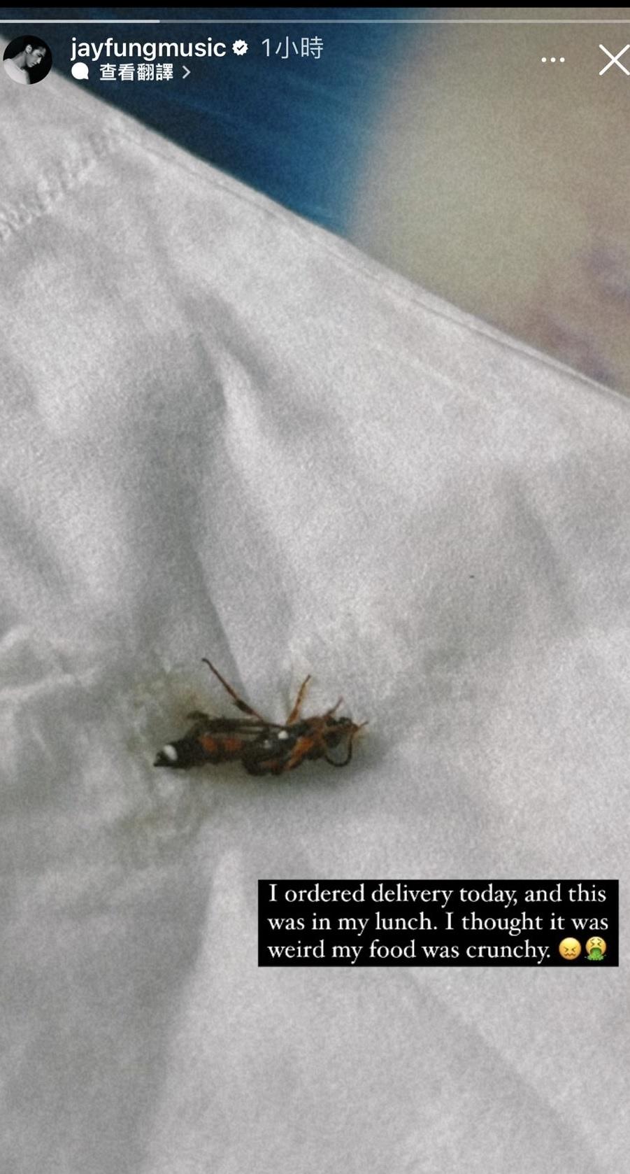 Jay Fung在社交平台分享食午餐時,差點誤吃的蜜蜂。