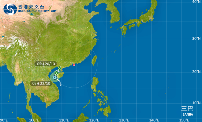 熱帶風暴三巴集結在海口之西北約160公里,預料今明兩日在北部灣一帶徘徊,隨後逐漸減弱。(資料圖片)
