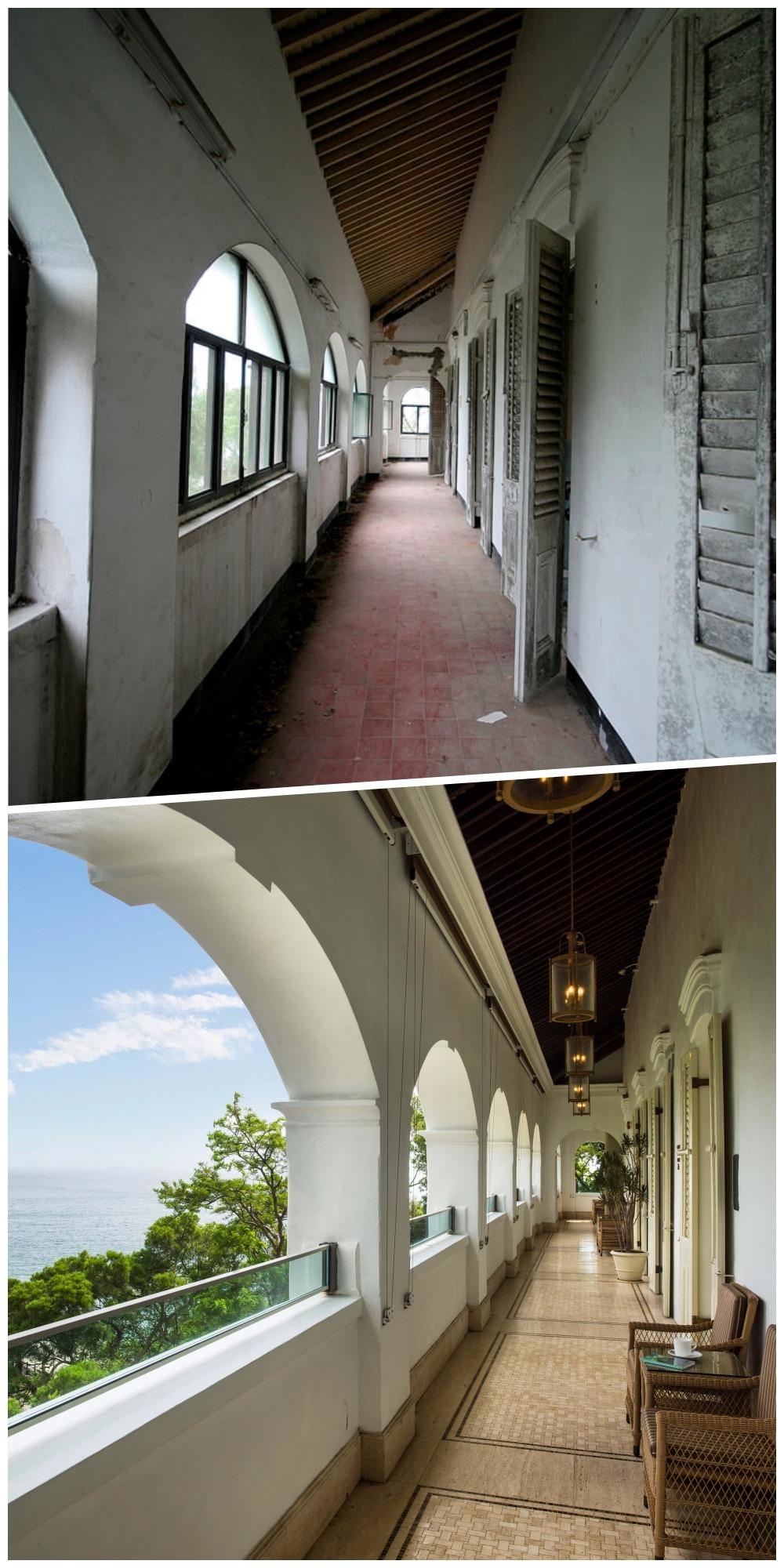 大澳文物酒店翻新前後的主樓走廊一景。(圖片來源:大澳文物酒店網站)
