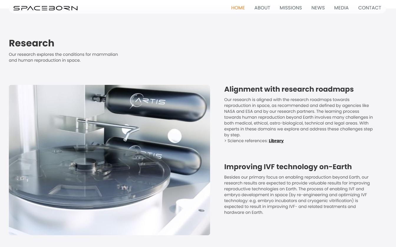 太空生育聯合公司官網介紹相關研究。(互聯網)