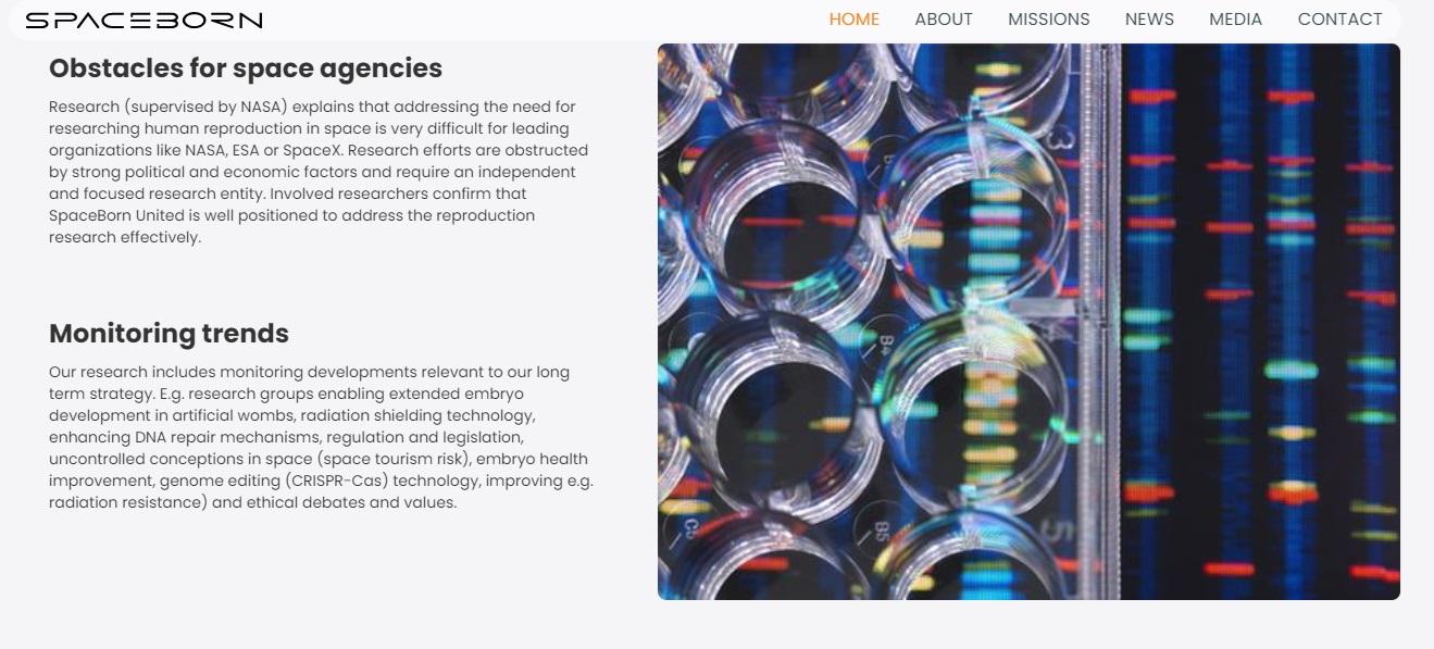太空生育聯合公司官網介紹相關研究。(互聯網)