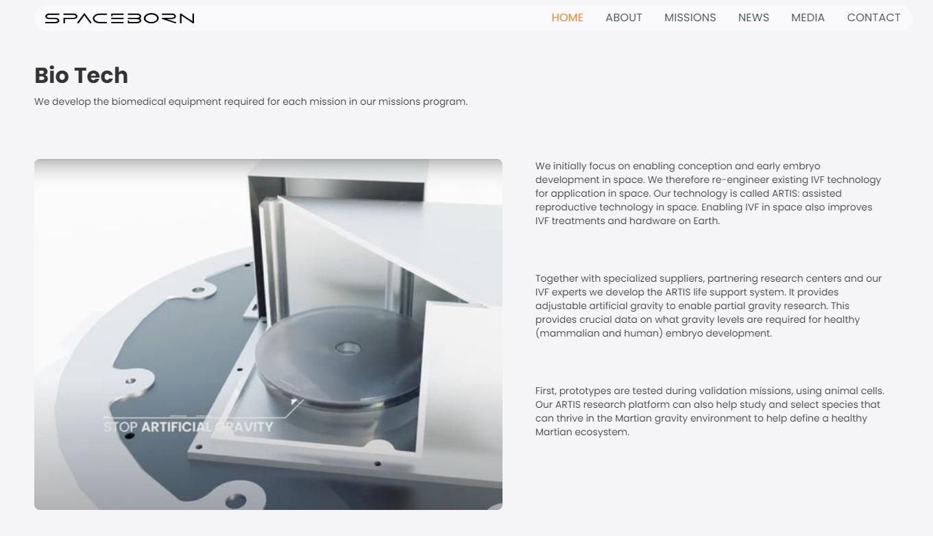 太空生育聯合公司官網介紹相關研究。(互聯網)