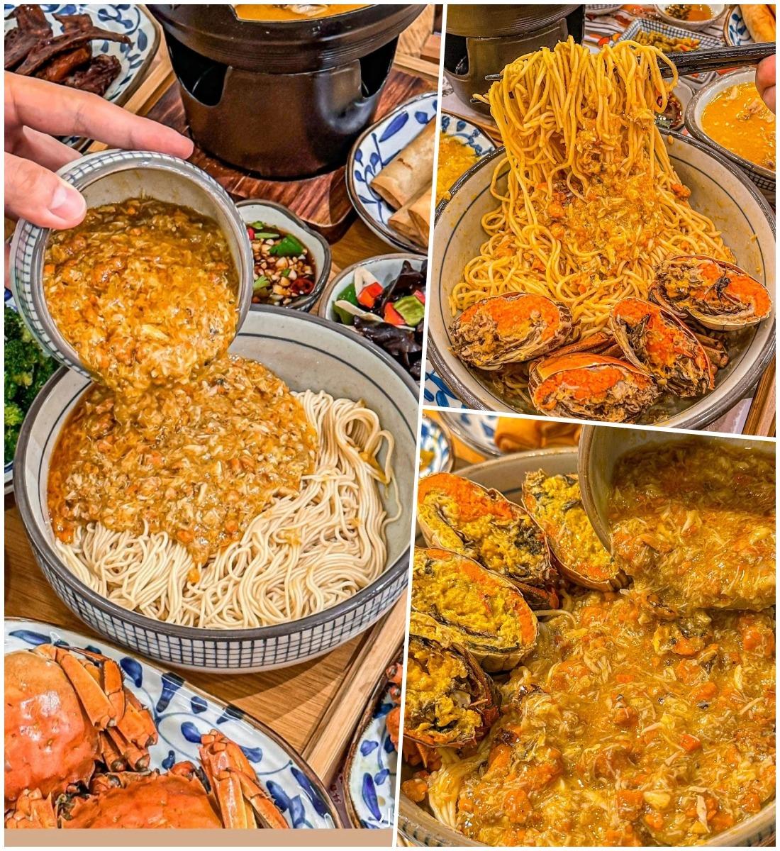 滿滿金色蟹黃倒入麵裏,被網友形容為「瀑布蟹黃麵」。(網上圖片)