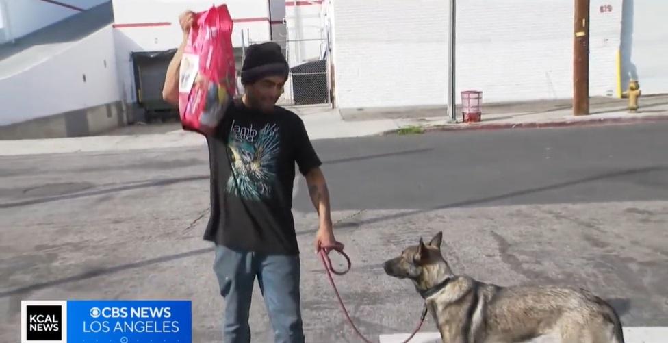 露宿者幫愛犬領取糧食。(互聯網)