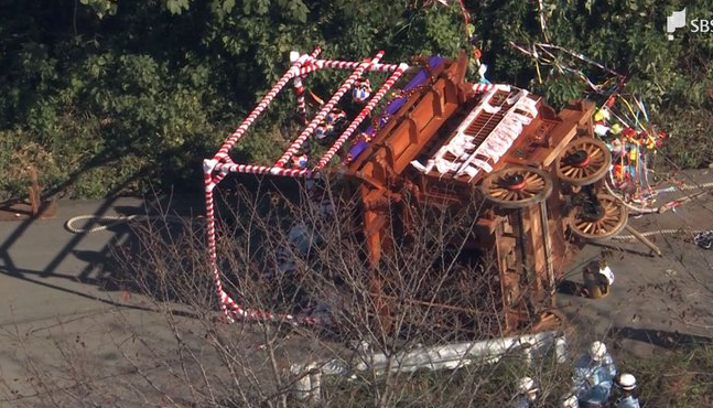 日本靜岡縣伊豆之國市今日(3日)早上有參加傳統祭典的彩飾花車發生意外,一名72歲男子死亡,另18人受傷,活動因意外取消。(網上圖片)