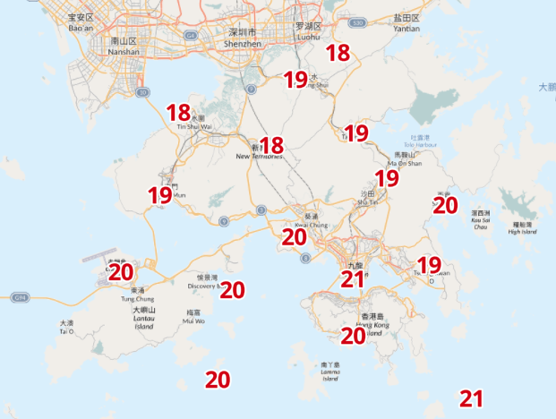 11月15日天氣,各區溫度預測,多區跌破20度(天文台截圖)