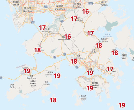 11月17日天氣,各區溫度預測,多區跌至20度以下(天文台截圖)